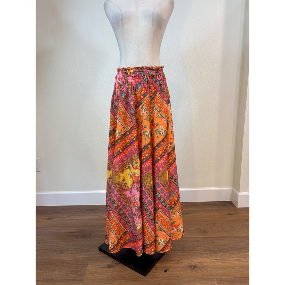 Calypso St Barth Maxi Skirt L Orange Boho Paisley Floral Smocked Resort Vacation